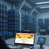 A professional managing plastic pallet inventory using the IndiaPalletMart website in a modern warehouse with stacked blue pallets and forklifts in the background.