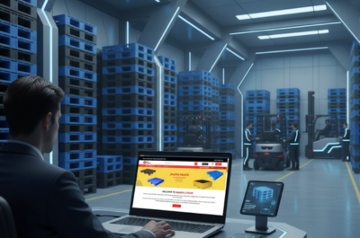 A professional managing plastic pallet inventory using the IndiaPalletMart website in a modern warehouse with stacked blue pallets and forklifts in the background.