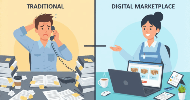 Split-screen showing old manual pallet buying versus new digital pallet procurement on India Pallet Mart.