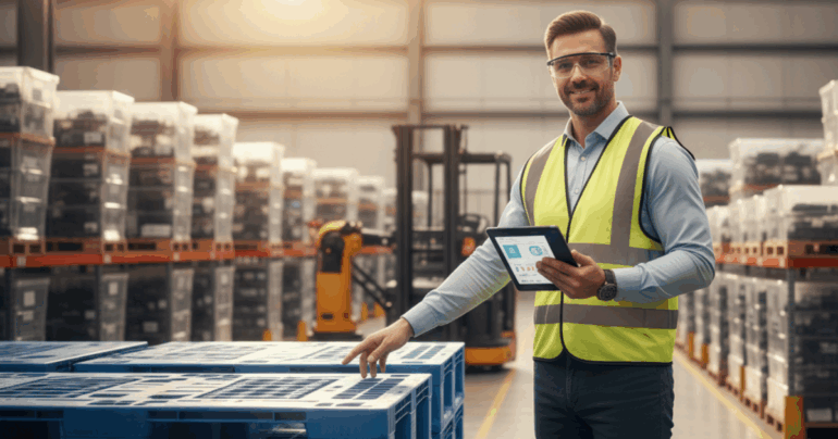 Warehouse manager using a tablet to inspect organized pallet stacks — showing confidence and efficiency with India Pallet Mart.