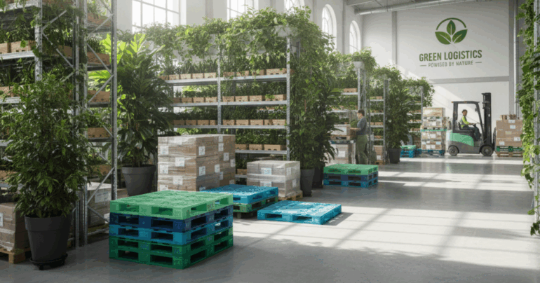 Eco-friendly warehouse with recyclable plastic pallets and natural light — representing sustainable pallet solutions by India Pallet Mart.