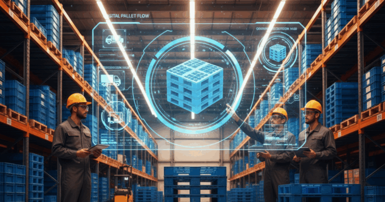 Modern warehouse with digital logistics dashboard showing pallets and workers using technology — representing India Pallet Mart’s digital pallet marketplace.