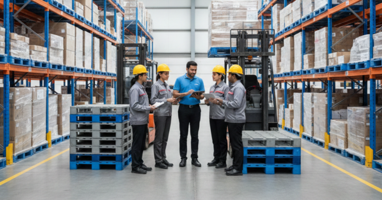 Warehouse team inspecting industrial plastic pallets during logistics operations