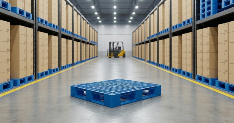 Industrial plastic pallet placed on warehouse floor between storage racks