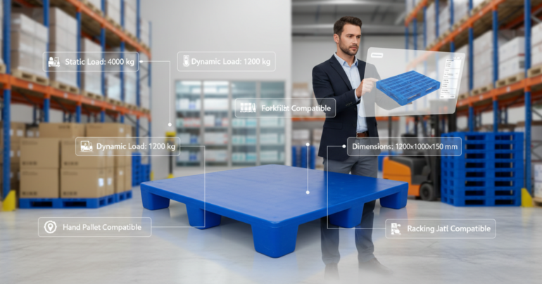 Modern warehouse setting featuring a blue heavy-duty plastic pallet placed on a clean industrial floor, designed with a flat top and multiple block supports for stable load handling. A professionally dressed man stands beside the pallet, interacting with a transparent digital interface displaying a 3D model of the pallet. Overlay graphics highlight key specifications and features, including static load capacity of 4000 kg, dynamic load capacity of 1200 kg, forklift compatibility, hand pallet compatibility, racking suitability, and dimensions of 1200 x 1000 x 150 mm. Background shows organized warehouse racks with stored cartons and pallets, emphasizing a data-driven, technology-enabled approach to pallet selection and material handling.