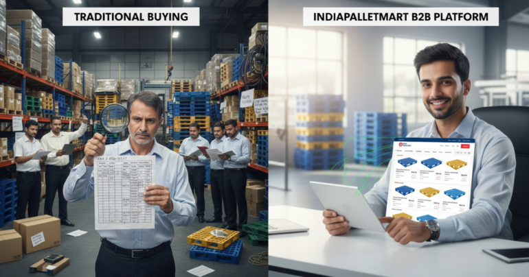 Split-screen comparison image: left side labeled “Traditional Buying” shows a warehouse environment where a serious middle-aged man in formal attire holds a printed specification sheet and magnifying glass, surrounded by staff reviewing documents among stacked pallets and cartons; setting appears manual, time-consuming, and inspection-heavy. Right side labeled “Indiapalletmart B2B Platform” shows a young professional sitting at a clean desk in a modern office, smiling while using a tablet displaying an online catalog of plastic pallets with product images and specifications; background includes neatly stacked pallets, representing a streamlined, digital procurement process.