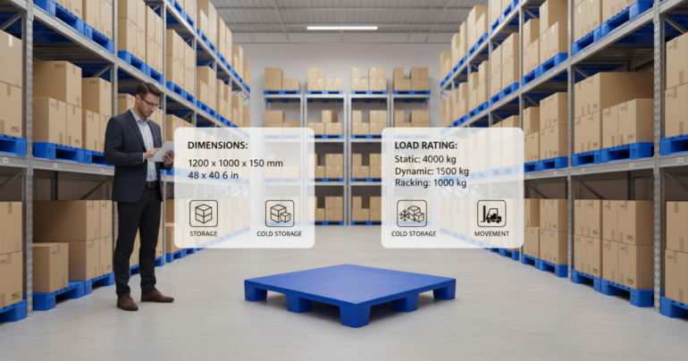 “Plastic pallet displayed in a large warehouse aisle with stacked cartons on blue racks, while a professional inspects inventory using a tablet. Overlay highlights plastic pallet specifications from India Pallet Mart including dimensions 1200 x 1000 x 150 mm and load rating—static 4000 kg, dynamic 1500 kg, racking 1000 kg—showcasing durability, storage, cold storage, and material handling applications.