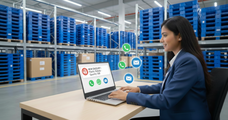 “Businesswoman in a modern warehouse using a laptop to place a plastic pallet order through India Pallet Mart, with rows of blue plastic pallets stacked on industrial racks in the background. The screen shows a new enquiry for plastic pallets with communication icons for phone, WhatsApp, and email, highlighting fast and efficient ordering from India Pallet Mart.
