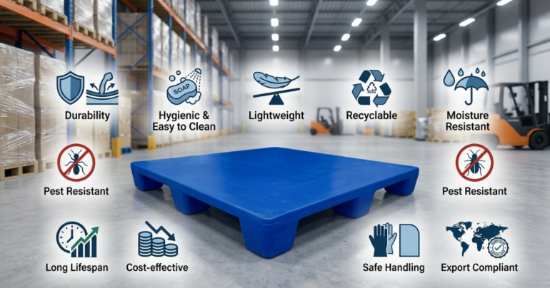 Blue plastic pallet placed in a modern warehouse with icons highlighting benefits such as durability, hygienic and easy to clean, lightweight, recyclable, moisture resistant, pest resistant, long lifespan, cost-effective, safe handling, and export compliant.