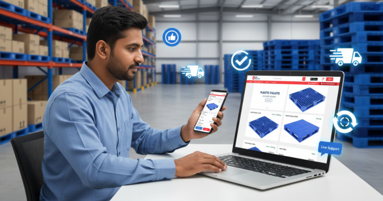Professional working in a modern warehouse while browsing plastic pallets online using a laptop and smartphone. The laptop screen displays multiple plastic pallet products, with digital icons representing fast delivery, verified quality, live support, and seamless online purchasing. Blue plastic pallets and warehouse racks are visible in the background, emphasizing efficient industrial procurement through India Pallet Mart.