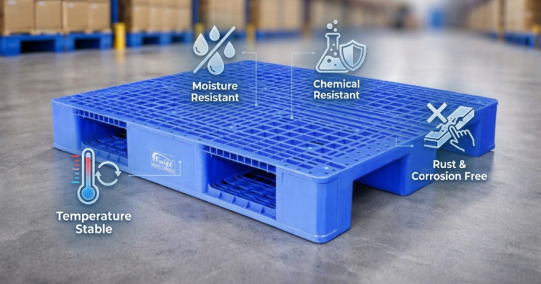 HDPE plastic pallets designed for improved load stability, safe material handling, and efficient warehouse operations.