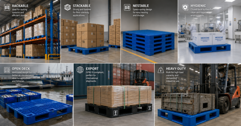 Blue plastic pallets showcasing rackable, stackable, nestable, hygienic, open deck, export-ready, and heavy-duty applications for warehouses, pharmaceutical, logistics, and industrial use.