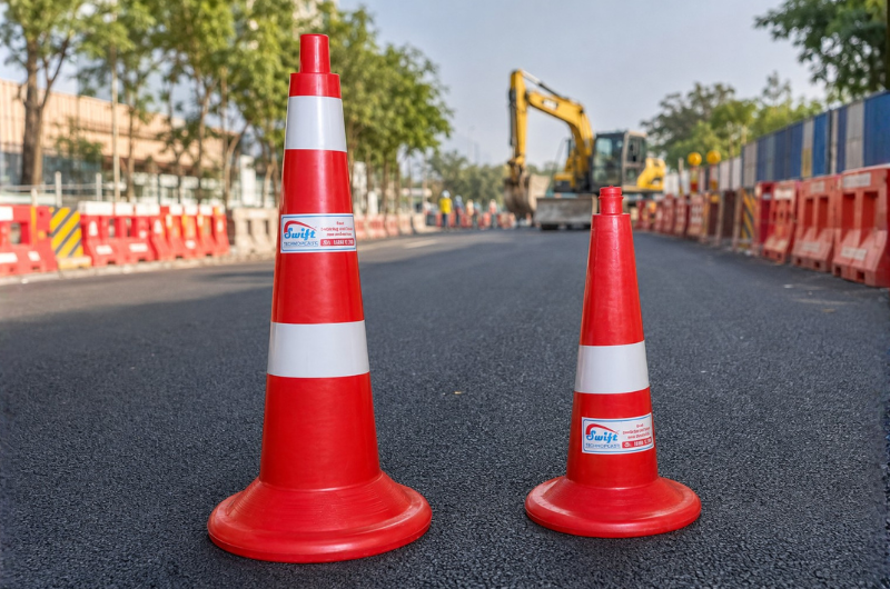 Red and white traffic safety cones on a road construction site with barricades and excavator in the background.