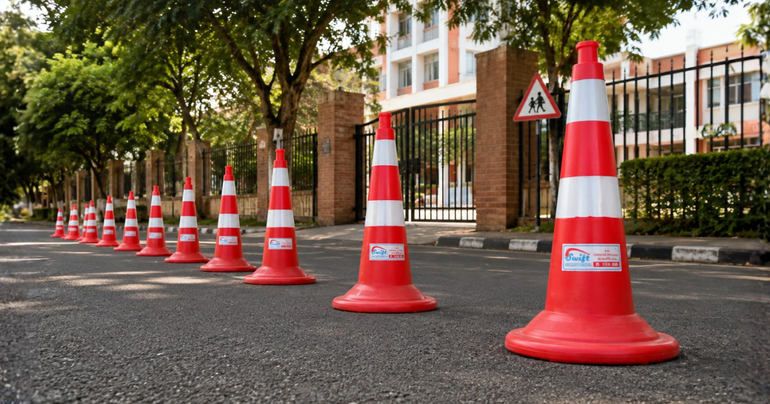 Swift red and white traffic cones placed on a paved road near construction barricades for temporary traffic safety.