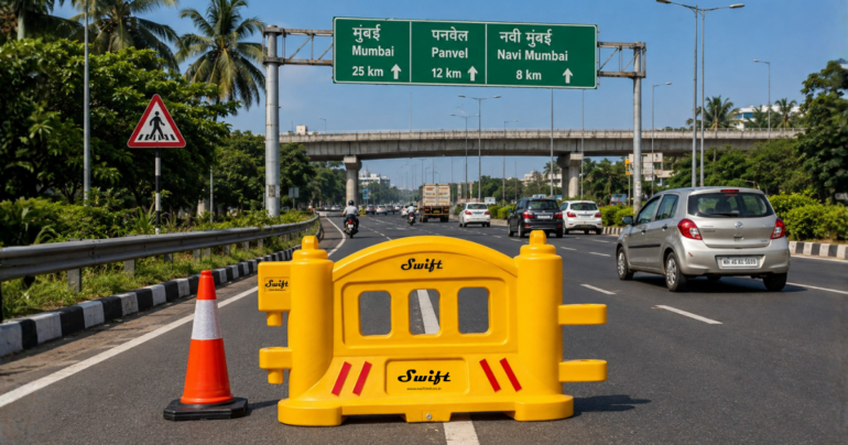 Swift yellow road safety barricade on highway with traffic cones and vehicles.