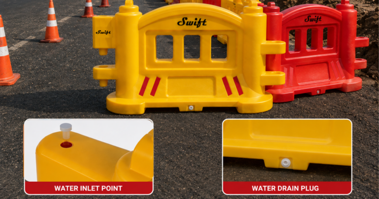 Swift yellow and red water-filled road safety barriers with water inlet and drain plug features for temporary traffic management.