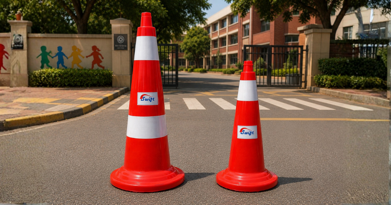 Swift red and white traffic cones outside a school entrance for pedestrian and road safety.