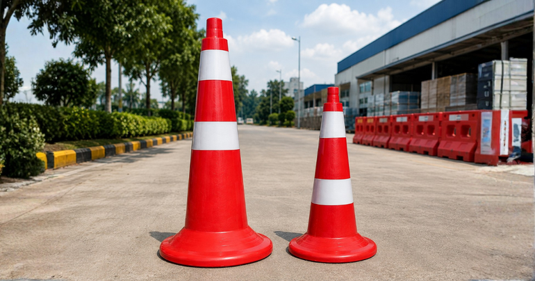 Swift red and white roto-molded traffic cones on an urban road with safety barricades.
