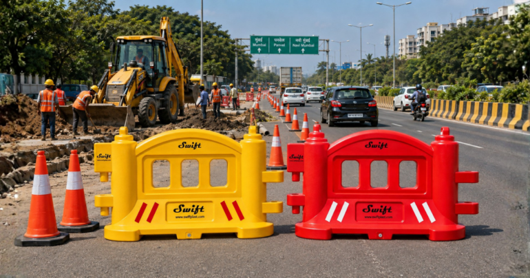 Swift yellow and red road safety barriers for temporary traffic management on a highway.