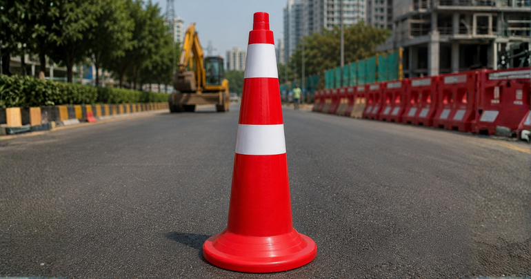 Swift red and white traffic cones at an industrial facility for road safety and traffic management.