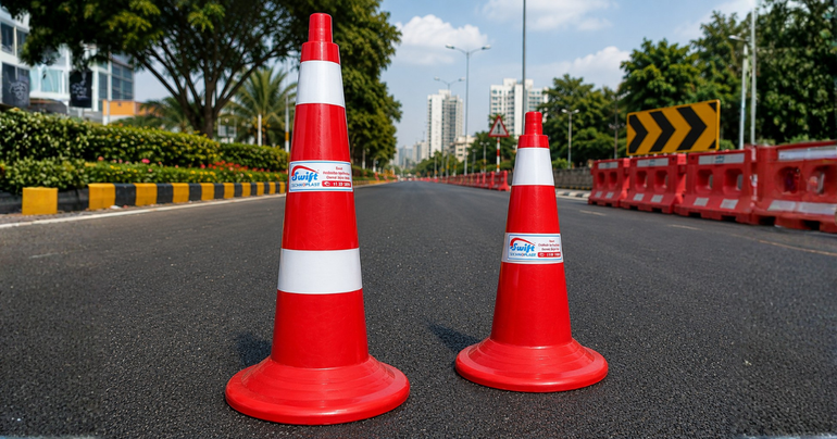 Swift red and white roto-molded traffic cones on an urban road with safety barricades.
