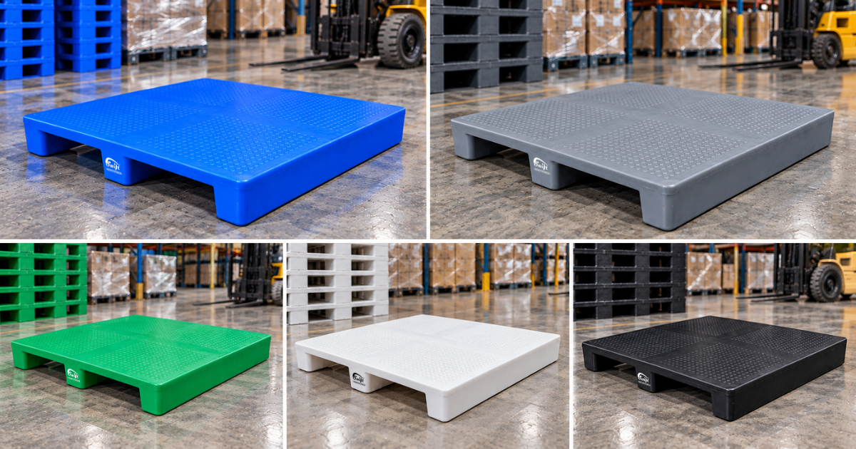 2 Way Entry Non Reversible Plastic Pallets in Blue Grey Green White and Black
