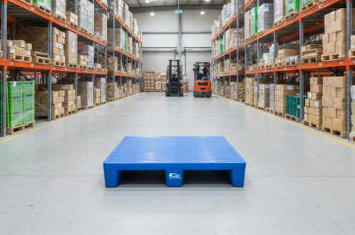 Blue plastic pallet in a modern industrial warehouse