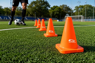 Swift Road Safety Mini Traffic Cones arranged on a sports field for training and marking applications.